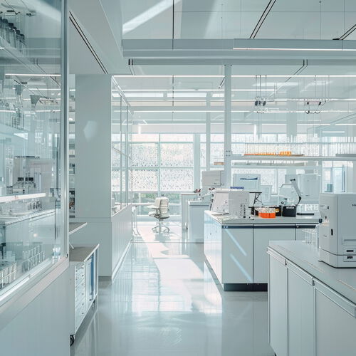 High-tech lab environment representing MANUGY’s flexible modular systems for small to midscale specialized battery manufacturing in Europe.